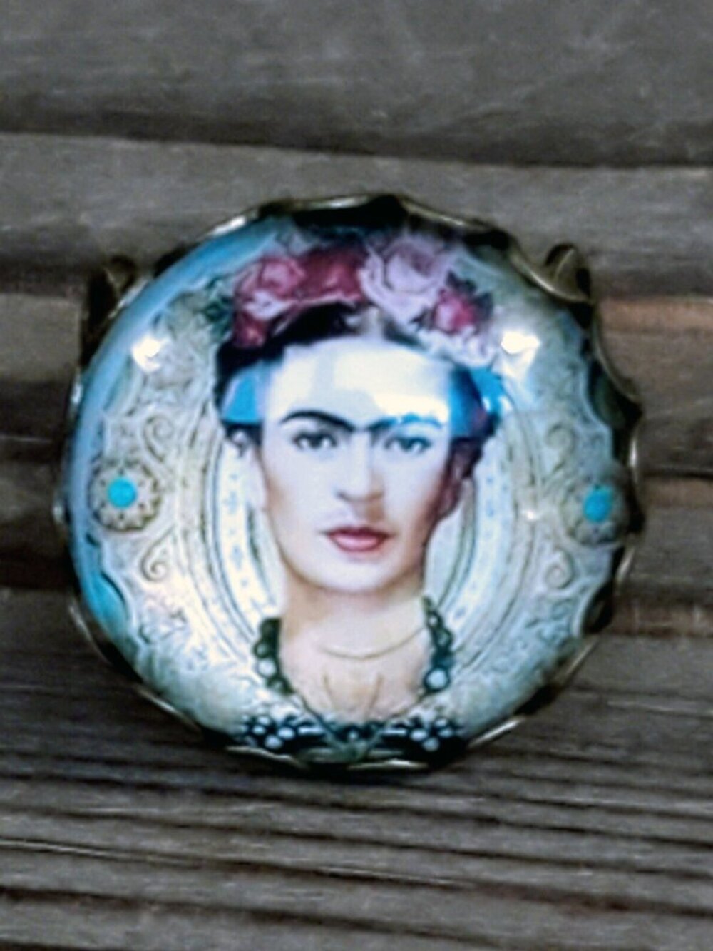 Frida Kahlo with Flowers Famous Painting Art Glass Cabochon Bronze Filigree Ring